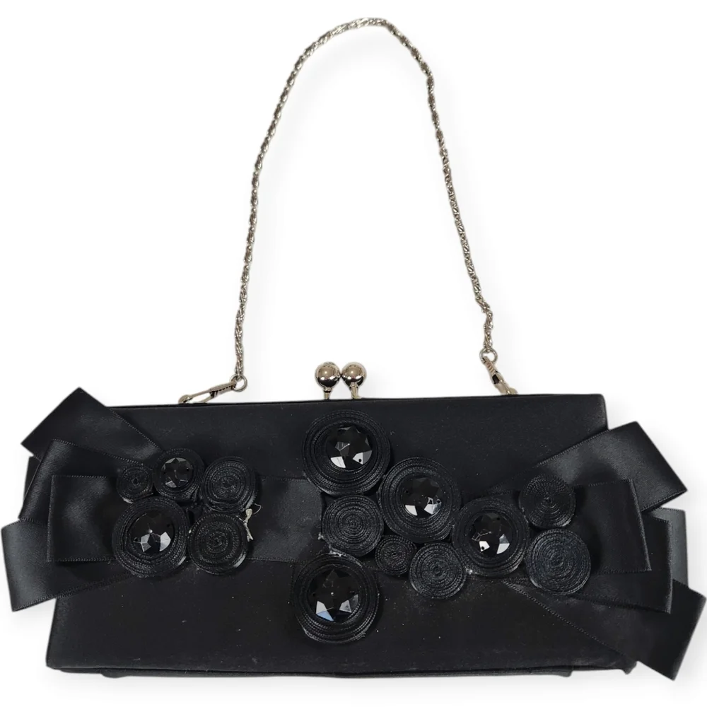 Elegant Black Evening Clutch with Jewel & Ribbon Accents
